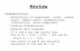 Review Probabilities –Definitions of experiment, event, simple event, sample space, probabilities, intersection, union compliment –Finding Probabilities.
