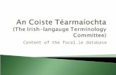 Content of the focal.ie database.  Brief introduction to the Irish language  Background to CT terminology stock  Digitization of terminology stock.