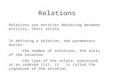 Relations Relations are entities obtaining between entities, their relata. In defining a relation, two parameters matter: -the number of relations, the.