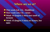 Where are we at? n This week (wk 12) – Buddhism n Next week (wk 13) – Islam n Week 14 (begins 2 June) last week of lectures n Week 15 (begins 9 June) no.