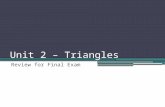 Unit 2 – Triangles Review for Final Exam. True/False A scalene triangle is a triangle with no two sides the same length.