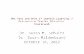 The Hows and Whys of Service Learning in Pre-service Teacher Education Coursework Dr. Susan M. Schultz Dr. Susan Hildenbrand October 18, 2012.
