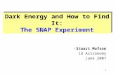 1 Dark Energy and How to Find It: The SNAP Experiment Stuart Mufson IU Astronomy June 2007.