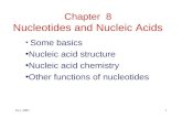 Oct, 20071 Chapter 8 Nucleotides and Nucleic Acids Some basics Nucleic acid structure Nucleic acid chemistry Other functions of nucleotides.