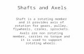 Shafts and Axels Shaft is a rotating member and it provides axis of rotation for gears, pulley, flywheels, cranks, sprockets. Axels are non rotating member,
