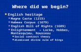 Where did we begin? English heritage Magna Carta (1215) Habeas Corpus (1679) English Bill of Rights (1689) Enlightenment – Locke, Hobbes, Montesquieu,