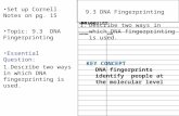 9.1 Manipulating DNA Set up Cornell Notes on pg. 15 Topic: 9.3 DNA Fingerprinting Essential Question: 1.Describe two ways in which DNA fingerprinting is.