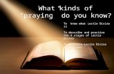 What kinds of “praying” do you know? To know what Lectio Divina is To describe and practice the 4 stages of Lectio Divina To evaluate Lectio Divina as.