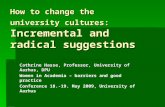 How to change the university cultures: Incremental and radical suggestions Cathrine Hasse, Professor, University of Aarhus, DPU Women in Academia – barriers.