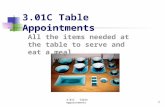 1 3.01C Table Appointments All the items needed at the table to serve and eat a meal. 3.01C Table Appointments.
