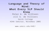 Language and Theory of Mind: What Every SLP Should Know Peter A. de Villiers Jill G. de Villiers Smith College ASHA Seminar, November 2005