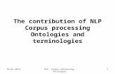 Kivik 2013NLP. Corpus processing, Ontologies1 The contribution of NLP Corpus processing Ontologies and terminologies.