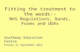 Fitting the treatment to the words:- NHS Regulations, Bands, Forms and UDAs Southway Education Centre Friday 21 September 2012.