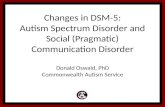 Changes in DSM-5: Autism Spectrum Disorder and Social (Pragmatic) Communication Disorder Donald Oswald, PhD Commonwealth Autism Service.