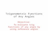 Trigonometric Functions of Any Angles Objective: To evaluate trig functions of any angle by using reference angles.