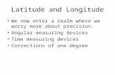 Latitude and Longitude We now enter a realm where we worry more about precision. Angular measuring devices Time measuring devices Corrections of one degree.
