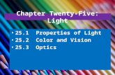 Chapter Twenty-Five: Light 25.1 Properties of Light 25.2 Color and Vision 25.3 Optics.