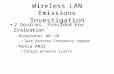 Wireless LAN Emissions Investigation 2 Devices Provided For Evaluation –Breezenet AP-10 Twin Antenna Frequency Hopper –Nokia A032 Single Antenna SinX/X.