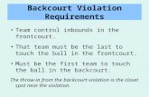 Backcourt Violation Requirements Team control inbounds in the frontcourt. That team must be the last to touch the ball in the frontcourt. Must be the first.