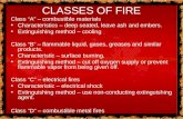 CLASSES OF FIRE Class “A” – combustible materials Characteristics – deep seated, leave ash and embers. Extinguishing method – cooling Class “B” – flammable.