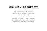 Anxiety disorders the experience of anxiety generalized anxiety disorder panic disorder phobias obsessive-compulsive disorder posttraumatic stress disorder.