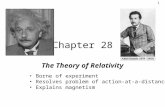 1 Chapter 28 The Theory of Relativity Borne of experiment Resolves problem of action-at-a-distance Explains magnetism.