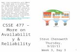 1 CSSE 477 – More on Availability & Reliability Steve Chenoweth Thursday, 9/22/11 Week 3, Day 3 Right – High availability with VMWare – the major goal.