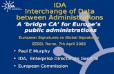 IDA Interchange of Data between Administrations A ‘bridge CA’ for Europe’s public administrations European Signatures vs Global Signatures EESSI, Rome,