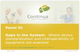 The Continua Health Alliance October 18, 2006 Panel III: Gaps in the System: Where device standardization and interoperability of equipment are essential.