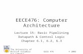 EECE476: Computer Architecture Lecture 15: Basic Pipelining Datapath & Control Logic Chapter 6.1, 6.2, 6.3 The University of British ColumbiaEECE 476©