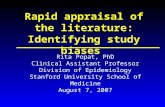Rita Popat, PhD Clinical Assistant Professor Division of Epidemiology Stanford University School of Medicine August 7, 2007 Rapid appraisal of the literature: