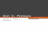 Unit 6: Pronouns Lesson 1: Subject Pronouns. What is a pronoun? Pronoun: a word that takes the place of a noun. Subject pronoun: a pronoun that takes.