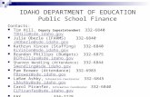 IDAHO DEPARTMENT OF EDUCATION Public School Finance Contacts: Tim Hill, Deputy Superintendent 332-6840 TDHill@sde.idaho.govTDHill@sde.idaho.gov Julie Oberle.