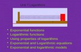 Unit 7 Logarithms Exponential functions Logarithmic functions Using properties of logarithms Exponential and Logarithmic equations Exponential and logarithmic.
