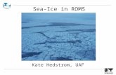 Sea-Ice in ROMS Kate Hedstrom, UAF. Outline Equations –Dynamics –Thermodynamics Code –cppdefs.h –SeaIce directory –ice.in Examples Future plans.