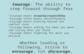 Courage: The ability to step forward through fear Courage means accepting responsibility Courage often means nonconformity Courage means pushing beyond.