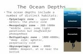 The Ocean Depths The ocean depths include a number of distinct habitats: – Epipelagic zone - upper 200 meters; the photic zone – Mesopelagic zone – 200-1000m.