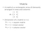 Matrix A matrix is a rectangular array of elements arranged in rows and columns Dimension of a matrix is r x c  r = c  square matrix  r = 1  (row)