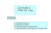 LECTURE 5 CHM 151 ©slg TOPICS: 1. Naming Cations 2. Naming Anions 3. Naming Ionic compounds 4. Naming Molecular Binary Compounds.