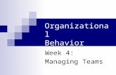 Organizational Behavior Week 4: Managing Teams. 2 Class agenda: Teams and Teamwork in Organizations  Defining teams & their role in orgs  Advantages.