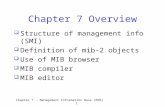 Chapter 7  Management Information Base (MIB) 1 Chapter 7 Overview  Structure of management info (SMI)  Definition of mib-2 objects  Use of MIB browser.
