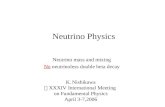 Neutrino Physics Neutrino mass and mixing No neutrinoless double beta decay K.Nishikawa ＠ XXXIV International Meeting on Fundamental Physics April 3-7,2006.