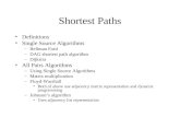 Shortest Paths Definitions Single Source Algorithms –Bellman Ford –DAG shortest path algorithm –Dijkstra All Pairs Algorithms –Using Single Source Algorithms.