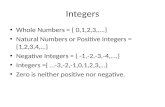 Integers Whole Numbers = { 0,1,2,3,.} Natural Numbers or Positive Integers = {1,2,3,4,} Negative Integers = { -1,-2,-3,-4,.} Integers ={ -3,-2,-1,0,1,2,3,}