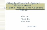 Single-Channel Speech Enhancement in Both White and Colored Noise Xin Lei Xiao Li Han Yan June 5, 2002.