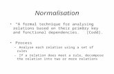 Normalisation “A formal technique for analysing relations based on their primary key and functional dependencies.” [Codd]. Process – Analyse each relation.