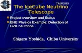 The IceCube Neutrino Telescope Project overview and Status EHE Physics Example: Detection of GZK neutrinos TAUP2003 Shigeru Yoshida, Chiba University.