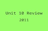 Unit 10 Review 2011. 1. Describe the following terms Solution Solvent Solute Soluble Insoluble Miscible Immiscible Homogeneous mixtures of 2 or more substances.