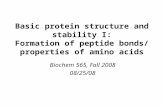 Basic protein structure and stability I: Formation of peptide bonds/ properties of amino acids Biochem 565, Fall 2008 08/25/08.