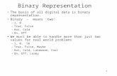 1 Binary Representation The basis of all digital data is binary representation. Binary - means ‘two’ –1, 0 –True, False –Hot, Cold –On, Off We must be.